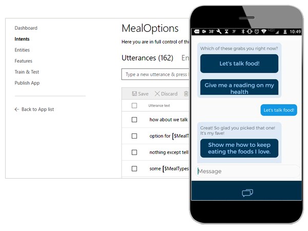 Optimize health outcomes and patient engagement Illustrated example of the BlueMetal healthcare chat app.