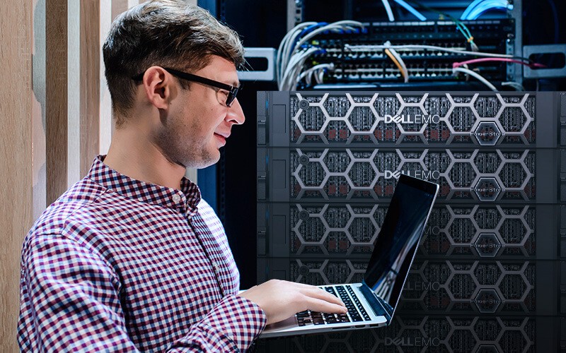 Insight and Dell Technologies partner with you to evaluate your goals Man working on data storage room