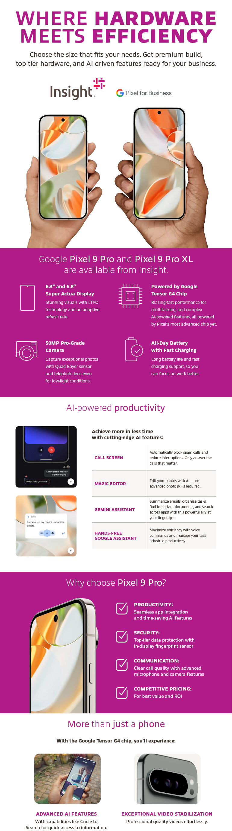 Infographic displaying Simplify your day with Google Pixel 9 Pro. Translated below.