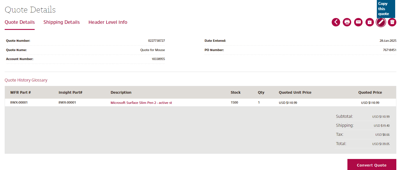 View of Quote History dashboard in myInsight