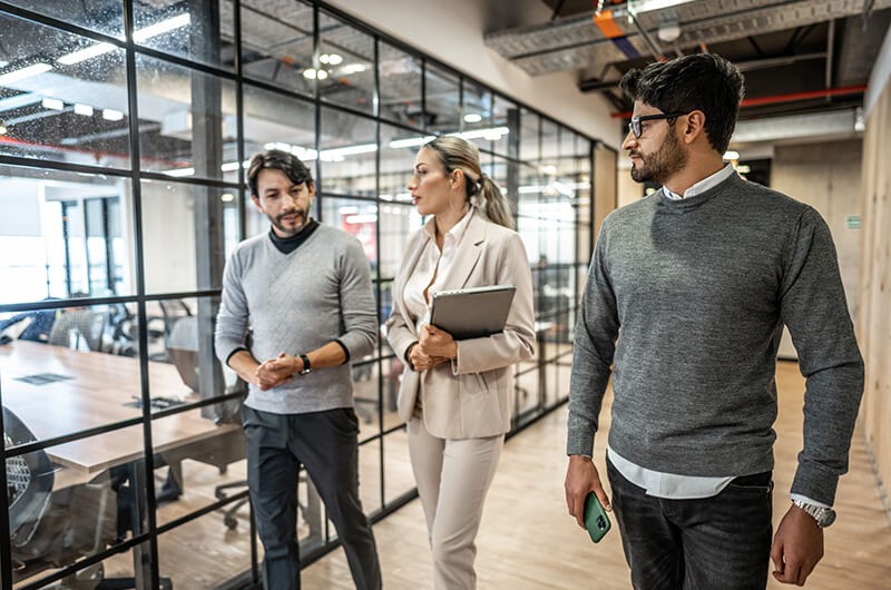 Distinguished Technologists walk and talk with client in modern office