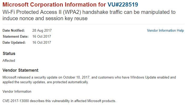 Microsoft Corporation Information for VU #228519 A document showing the Microsoft Corporation information for VU #228519