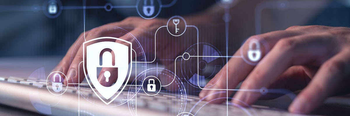 The top five cybersecurity strategies that respondents are implementing (or planning to) in 2022 Abstract concept of security overlayed on hands typing on keyboard