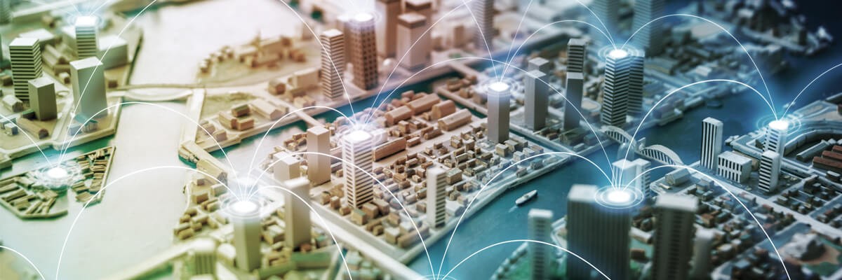 Smart cities combine real-time data and insights with progressive processes and broader network access Rendering of smart city and communication broadband, public safety and sustainability concept.
