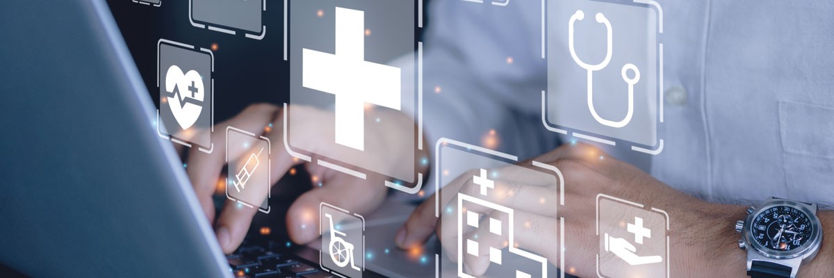 Deploy robust, scalable security tools that safeguard your organization Abstract concept of healthcare security overlay on laptop computer