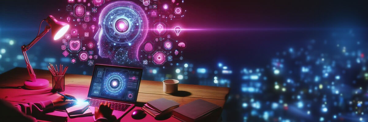 Insight Partners with Intel, Dell and Cisco on $25k AI PC Makeovers AI generated display of virtual working environment at modern computer station