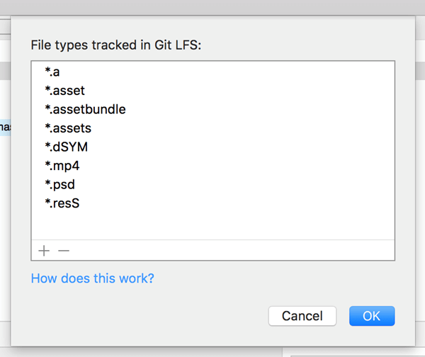 Add the file extensions that are going to be large files Display of acceptable types of Git LFS extensions