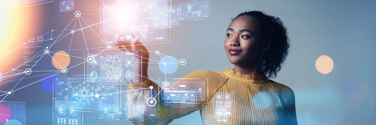 Explore how to approach ML from a data-driven perspective Abstract concept of data and cybersecurity on cityscape