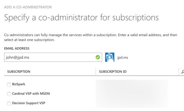 Specify your co-administrator of subscriptions Specify a co-administrator in administration settings