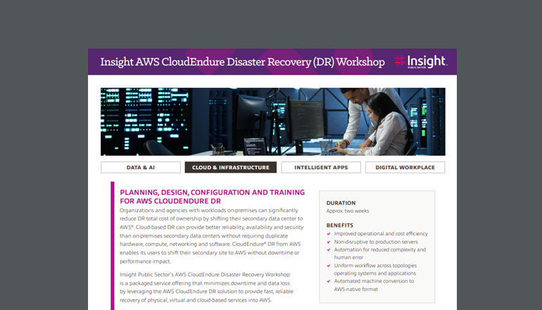 Insight AWS CloudEndure Disaster Recovery (DR) Workshop Thumbnail of datasheet available to download below