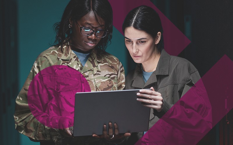 Minimize the impact of a ransomware attack on military data sources Two military engineers in facility looking at security insights