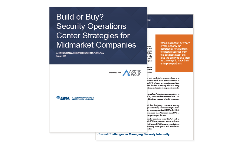 Build or Buy? Security Operations Center Strategies for Midmarket Companies Artic Wolf whitepaper Build or Buy? Security Operations Center Strategies for Midmarket Companies cover