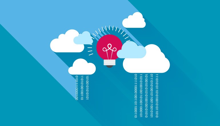 How to Make Money and Innovate Illustration of clouds int he sky raining data with a large light bulb in the middle.