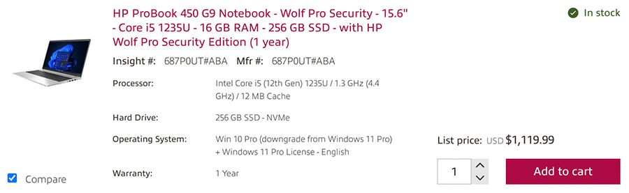 Compare the products you want. View of product compare on left side corner of Insight's products detail page