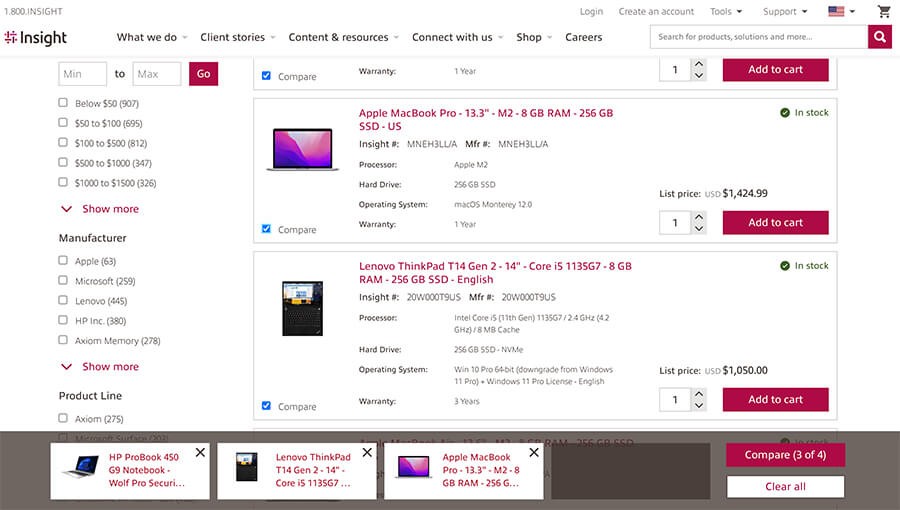 Compare select Compare select view found at bottom of Insight's product search pages