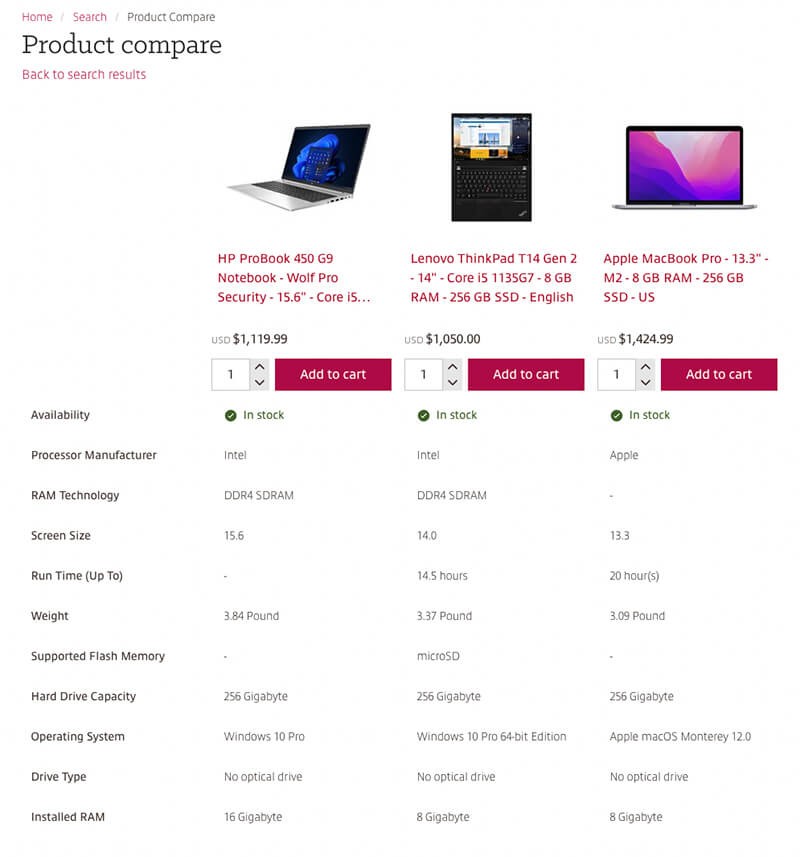Product compare Product compare view of three chosen products
