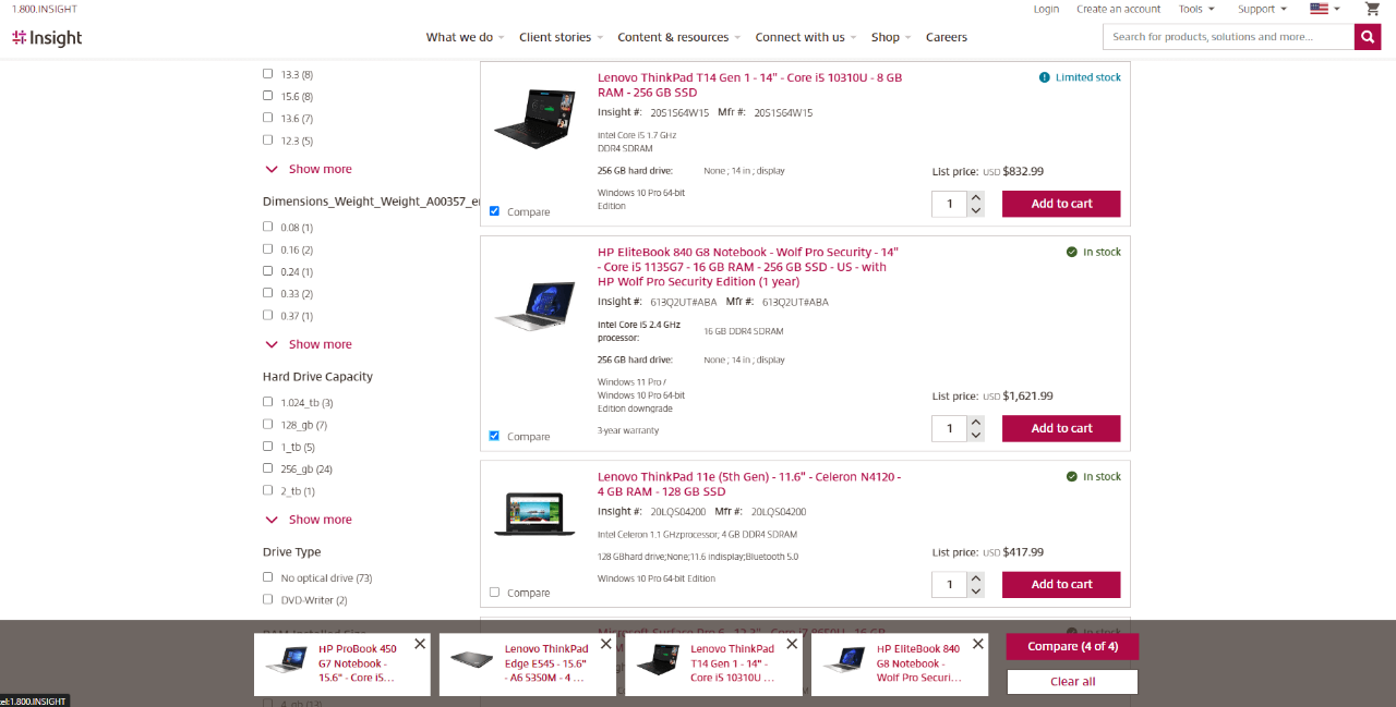 Review up to four products through the new product comparison tool. View of new product compare found on Insight.com