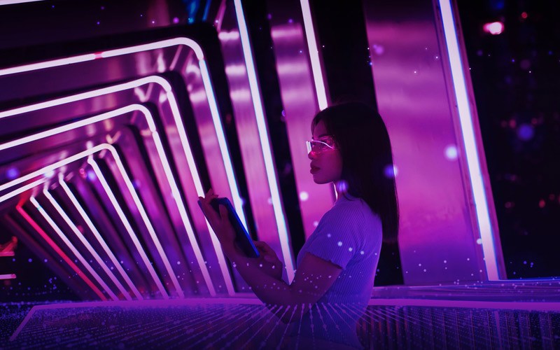 Generative AI Woman on tablet device abstract tech overlay