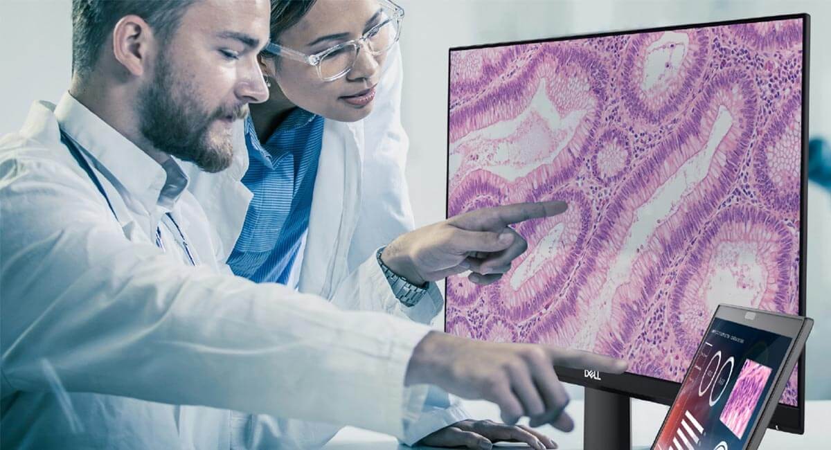 Digital Pathology – how next generation technologies are helping to generate critical insights from tissue samples Doctors looking at magnified cells on desktop computers