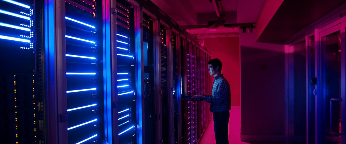 The challenges of running apps and data in the cloud An engineering personnel watch in monitors work of the equipment.