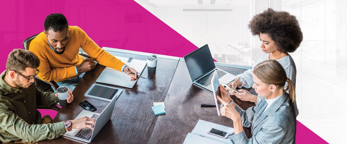 IT leaders must help their organization leverage new, cloud-based collaboration technologies. Business team using collaboration and productivity tools off site. Cloud-based collaboration applications. Remote work, disable legacy IT