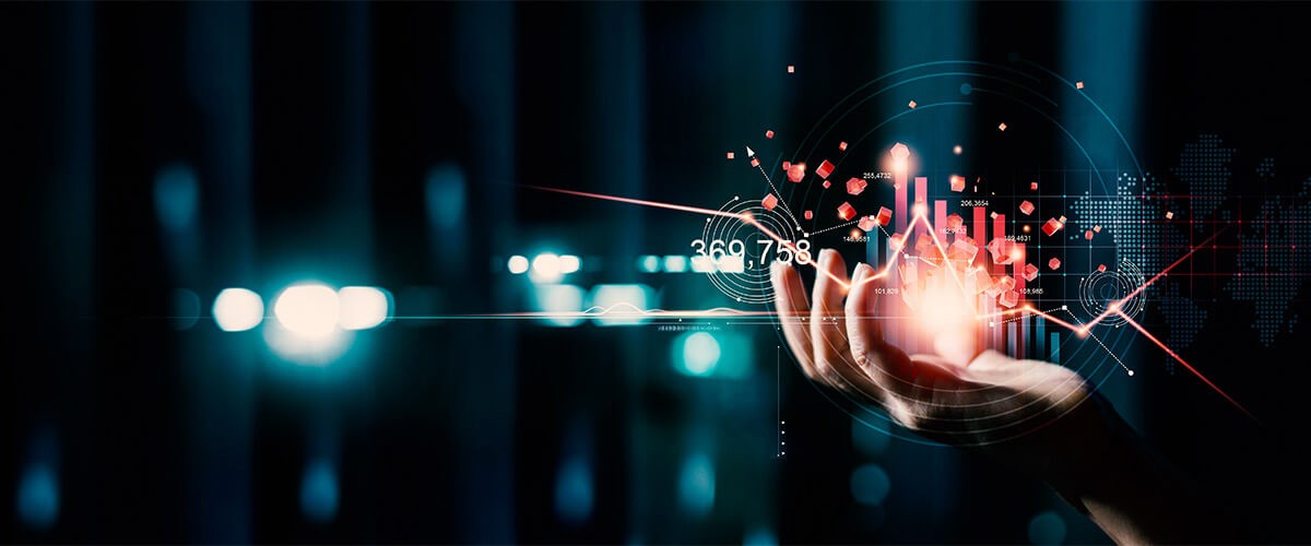 Navigating uncertainty requires efficiency in everything you do, putting a huge importance on how you access and use technology. Rendering of hand touching digital display screen. Technology needs, Business optimization, Procurement trends