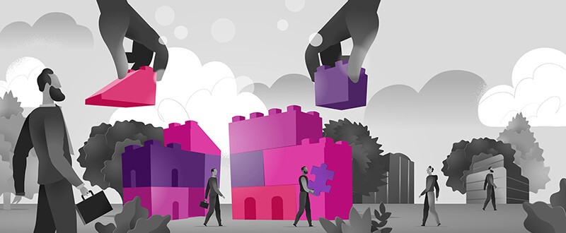 45% of organizations are experiencing gaps in technology skills and knowledge Illustration of business professionals arriving to a LEGO block building for work