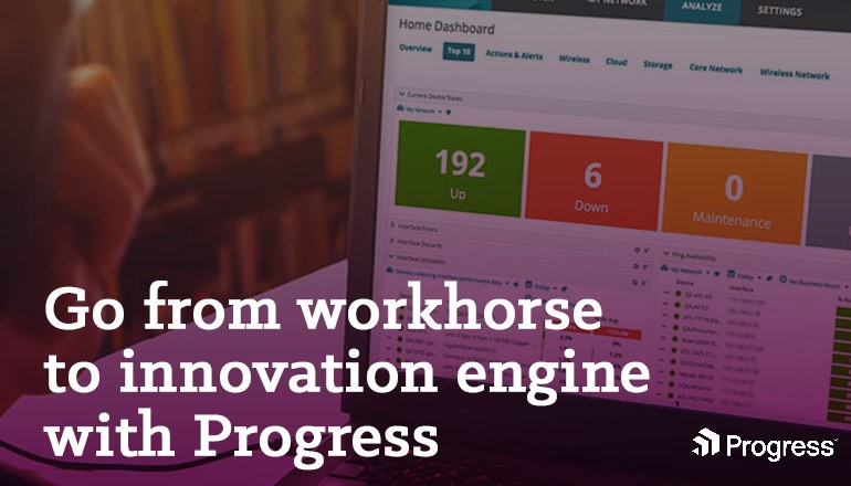 Progress innovation engine: Go from workhorse to innovation engine with Progess. Laptop monitor open to Progress application dashboard