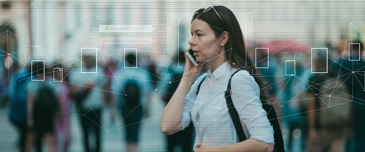 Powerful data Woman holding computer smartphone device to ear