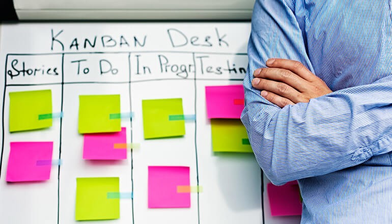 Assign the right Agile-based roles & responsibilities to your leadership & remote teams Scrum master reviewing teams kanban board to organize project and quickly make changes. to self-organize and make changes quickly, Agile principles