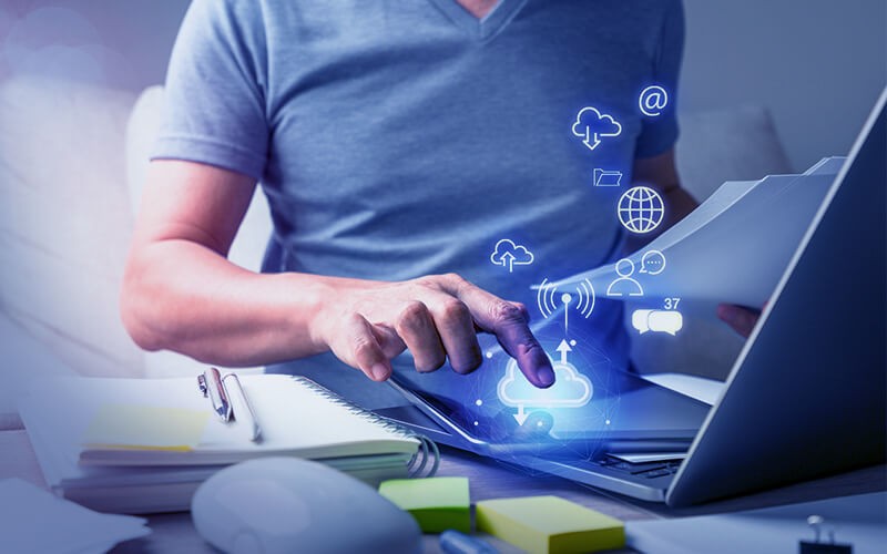 Cloud-ready Man using cloud ready laptop