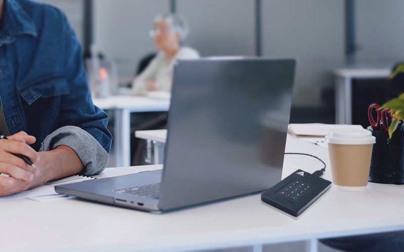 Apricorn keeps data safe. Software-free, 256-bit AES encryption and USB-powered onboard keypad Professional using laptop