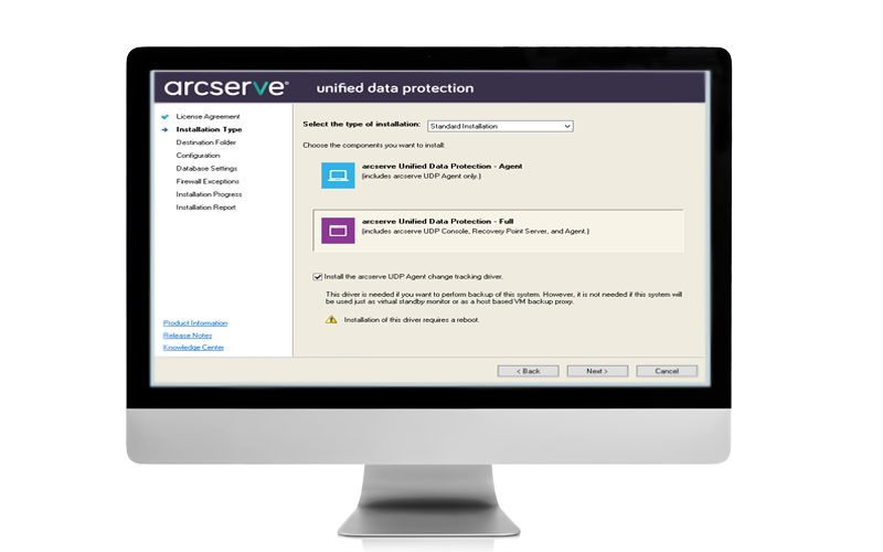 Arcserve wizard-driven setup Arcserve UDP setup screen shot on monitor.