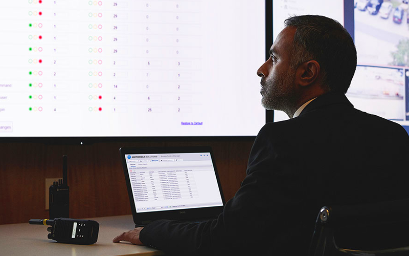 Access Control Manager (ACM) is a physical access control system that protects people Professional using a laptop
