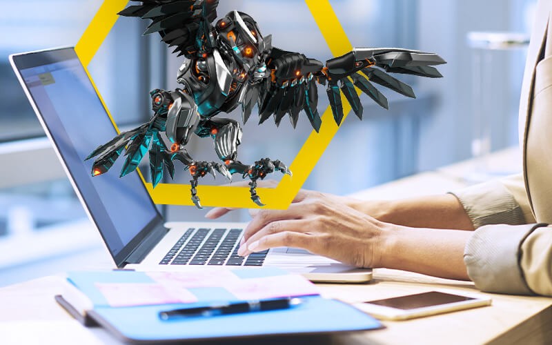 Get insight into attacks. Woman hand typing with owl flying