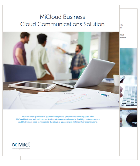 Get great call quality in an easy-to-manage phone system Cover and inside page of Mitel MiCloud Business Cloud Communications Solution brochure