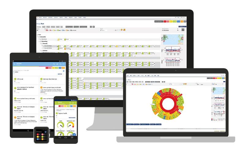 PRTG Network Monitor alerts Paessler product software displayed on multiple devices including iOS, Andriod, and Windows devices