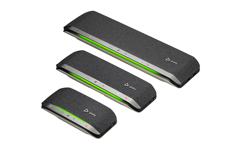 Turn small spaces into powerful conference rooms effortlessly with Poly® Sync Different sizes of Poly Sync Bluetooth speakerphones