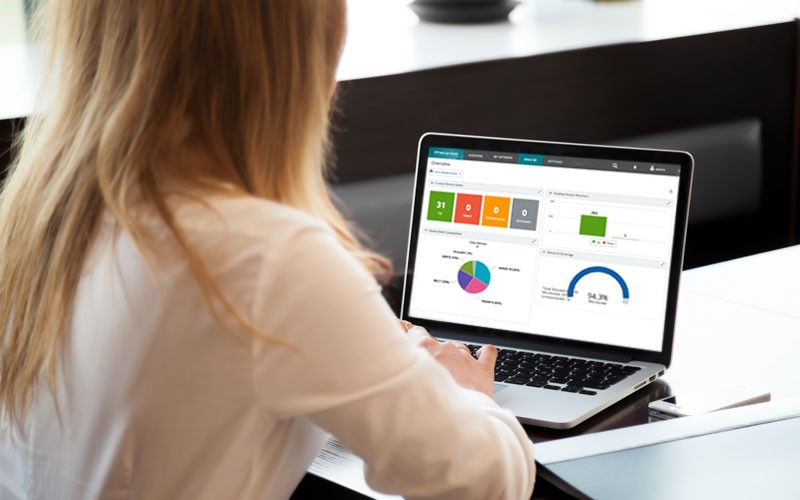 WhatsUp Gold lets you monitor the status of every device on your network Woman working on laptop displaying Ipswitch WhatsUp Gold