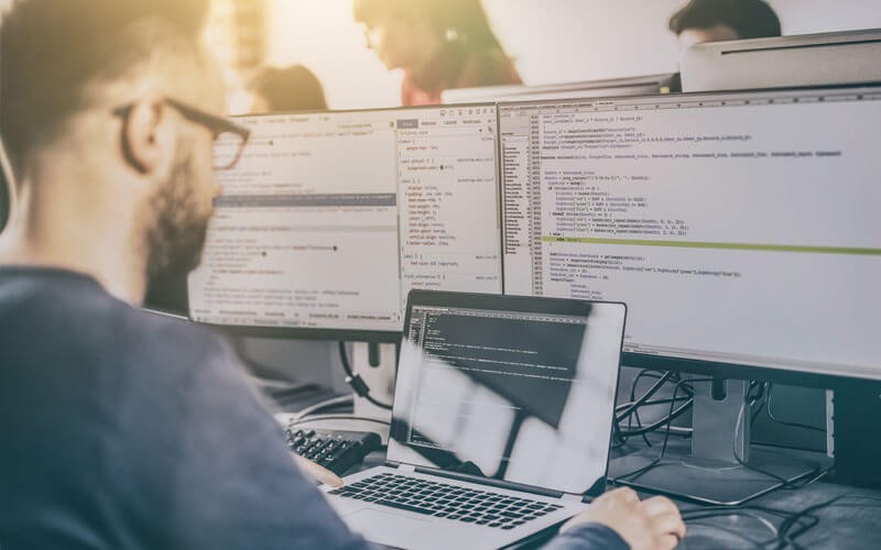 Business application security Developer working on computer and coding