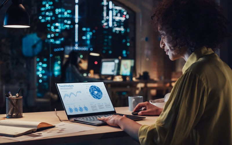 Advanced environment protection Woman working late at night