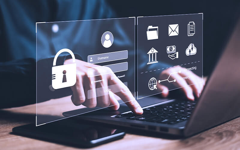 Bolster your data protection management Man working using his laptop with log in presentation