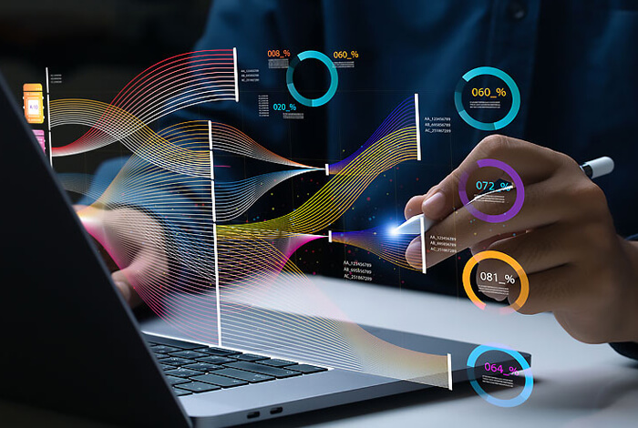 AI solutions Close up of hand on laptop using AI applications and ChatGPT